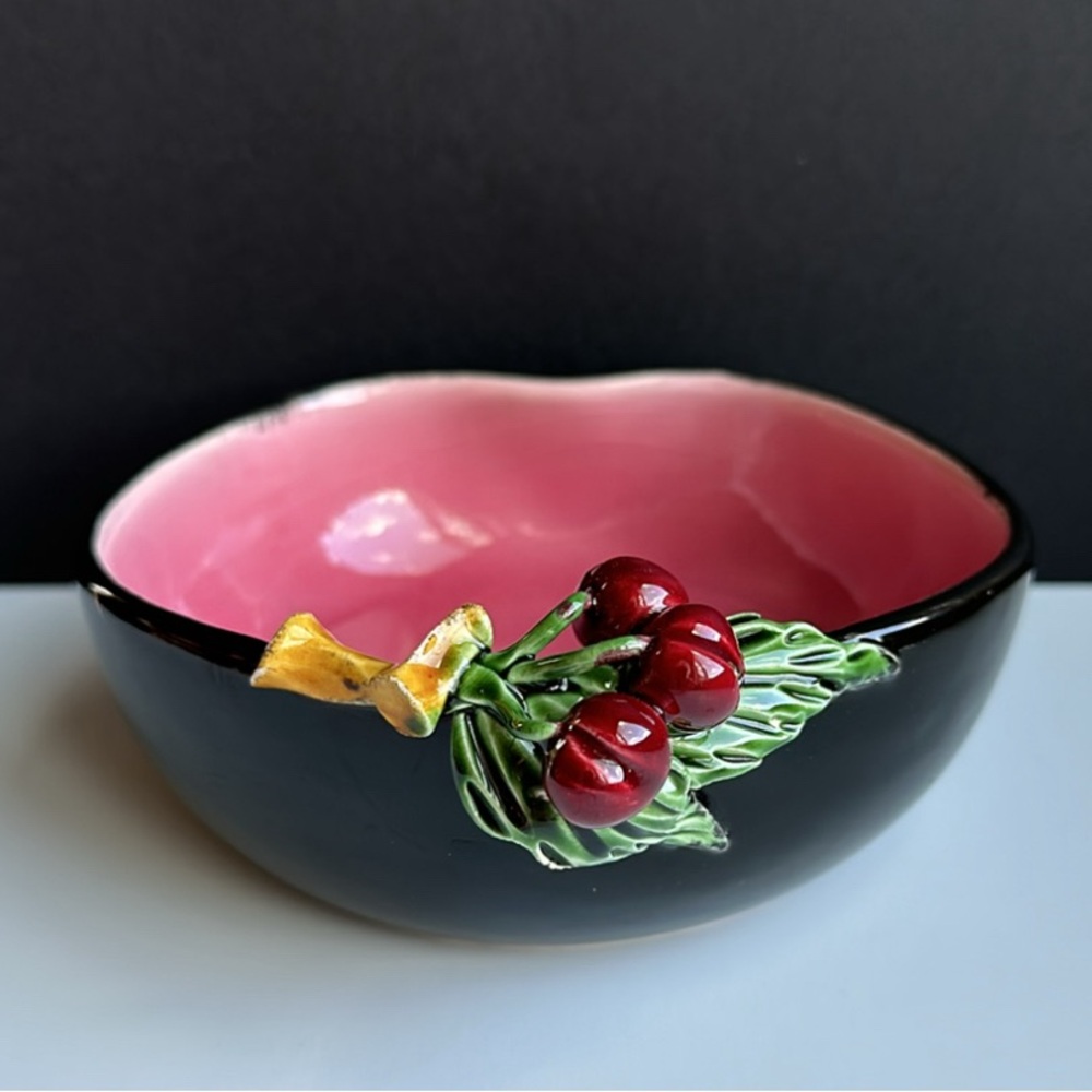 VTG French Art Pottery Bowl Black and Pink with Red Cherries